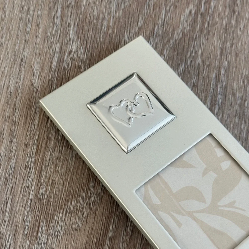 VTG Brushed Silver Mini Photo Frame Interlocking Hearts Embossed Tabletop 4.75